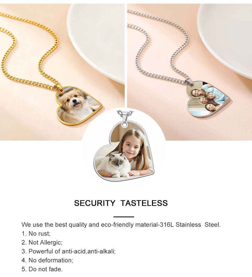 Custom Photo Necklace Personalized Heart Pendant Necklaces Picture Text Logo Birthday Jewelry Valentine's Day Gift for Men Woman