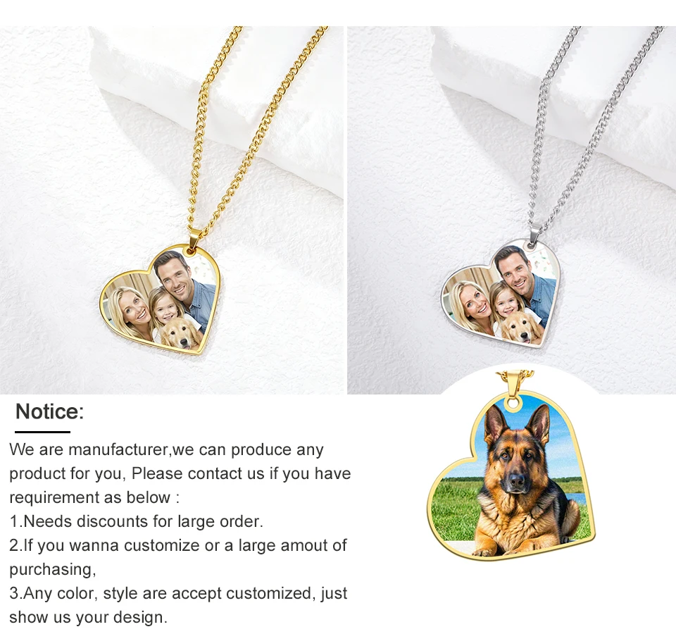 Custom Photo Necklace Personalized Heart Pendant Necklaces Picture Text Logo Birthday Jewelry Valentine's Day Gift for Men Woman