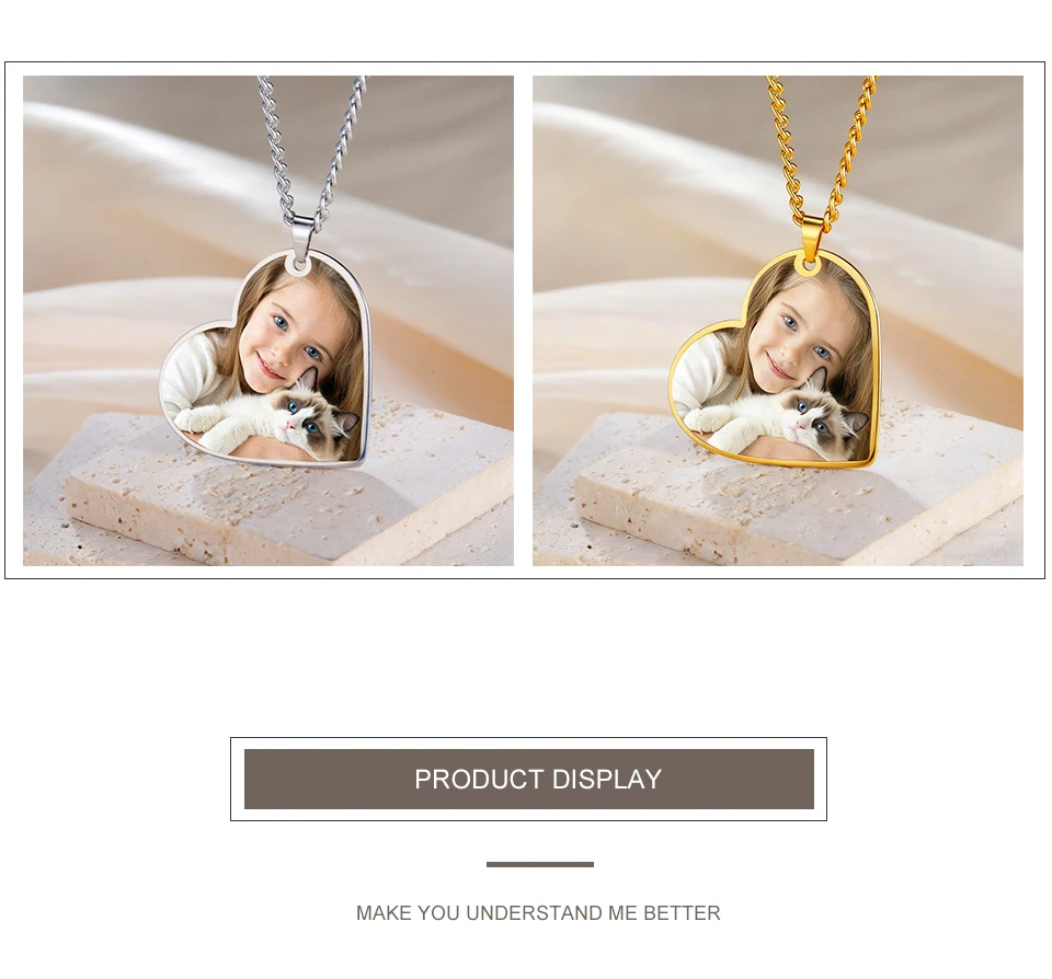 Custom Photo Necklace Personalized Heart Pendant Necklaces Picture Text Logo Birthday Jewelry Valentine's Day Gift for Men Woman