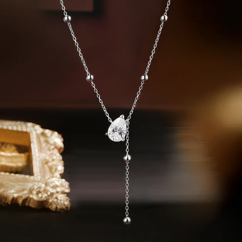 KNOBSPIN 1/2/3CT Pear Cut Moissanite Pendant Necklaces For Woman S925 Silver Y-Style GRA Ceritfited Solitaire Diamond Neck Chain