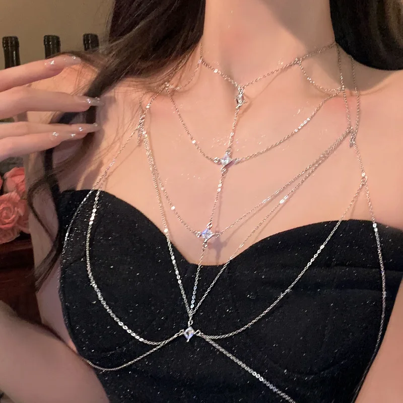 Luxury Square Crystal Chest Chain for Women Multilayer Silver Color Metal Beads Zircon Body Chain Sexy Beach Bikini Jewelry Gift