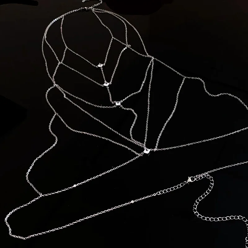 Luxury Square Crystal Chest Chain for Women Multilayer Silver Color Metal Beads Zircon Body Chain Sexy Beach Bikini Jewelry Gift