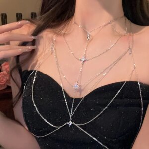 Luxury Square Crystal Chest Chain for Women Multilayer Silver Color Metal Beads Zircon Body Chain Sexy Beach Bikini Jewelry Gift