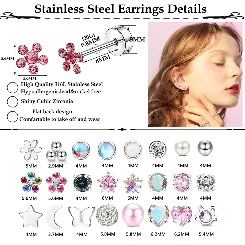 2PCS/Set Stainless Steel Heart Moon Earbone Stud Screw Ball Stud Earrings for Women Fashion Ear Tragus Cartilage Body Piercing
