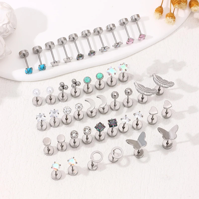 2PCS/Set Stainless Steel Heart Moon Earbone Stud Screw Ball Stud Earrings for Women Fashion Ear Tragus Cartilage Body Piercing