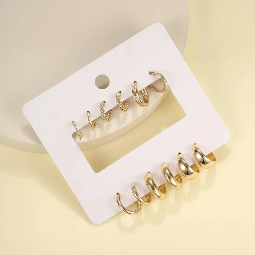 6Pcs/set Stainless Steel Crystal Zirconia Hoop Earring for Women Metal Circle Geometric Cartilage Piercing Earrings Set Jewelry