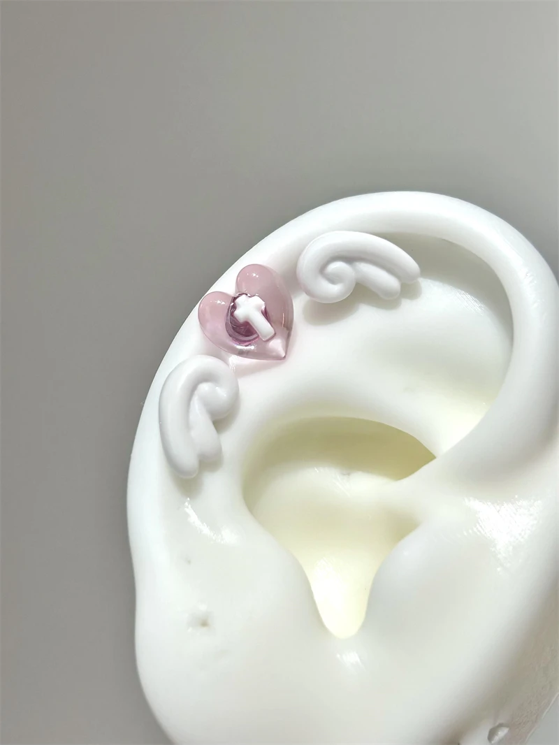 Sweet Angel's Wings Stainless Steel Ear Bone Nail Cute Acrylic Love Heart Cross Earrings for Women Body Puncture Accessories