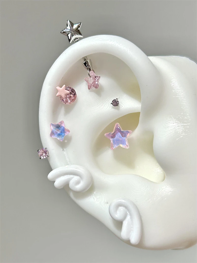 Sweet Angel's Wings Stainless Steel Ear Bone Nail Cute Acrylic Love Heart Cross Earrings for Women Body Puncture Accessories