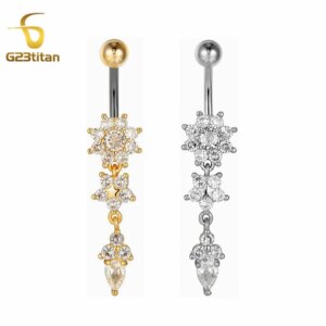 G23titan Crystal Navel Nail Ring 14G Titanium Barbell Drop Flower Dangle Body Piercing Belly Button Rings Men Women Body Jewelry