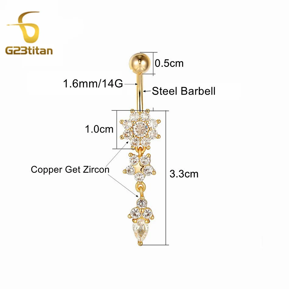 G23titan Crystal Navel Nail Ring 14G Titanium Barbell Drop Flower Dangle Body Piercing Belly Button Rings Men Women Body Jewelry