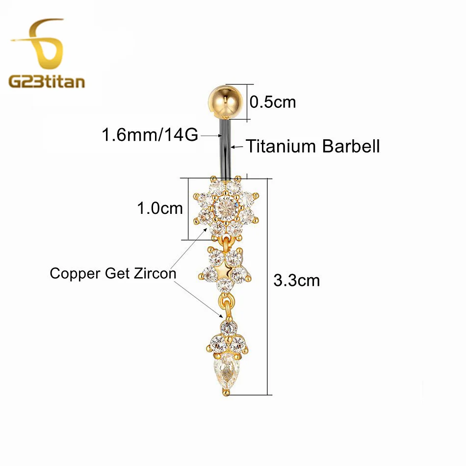 G23titan Crystal Navel Nail Ring 14G Titanium Barbell Drop Flower Dangle Body Piercing Belly Button Rings Men Women Body Jewelry