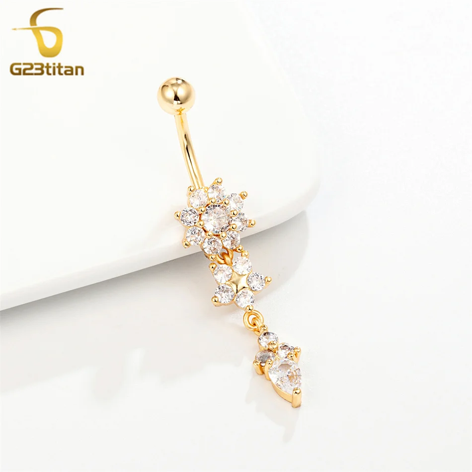 G23titan Crystal Navel Nail Ring 14G Titanium Barbell Drop Flower Dangle Body Piercing Belly Button Rings Men Women Body Jewelry
