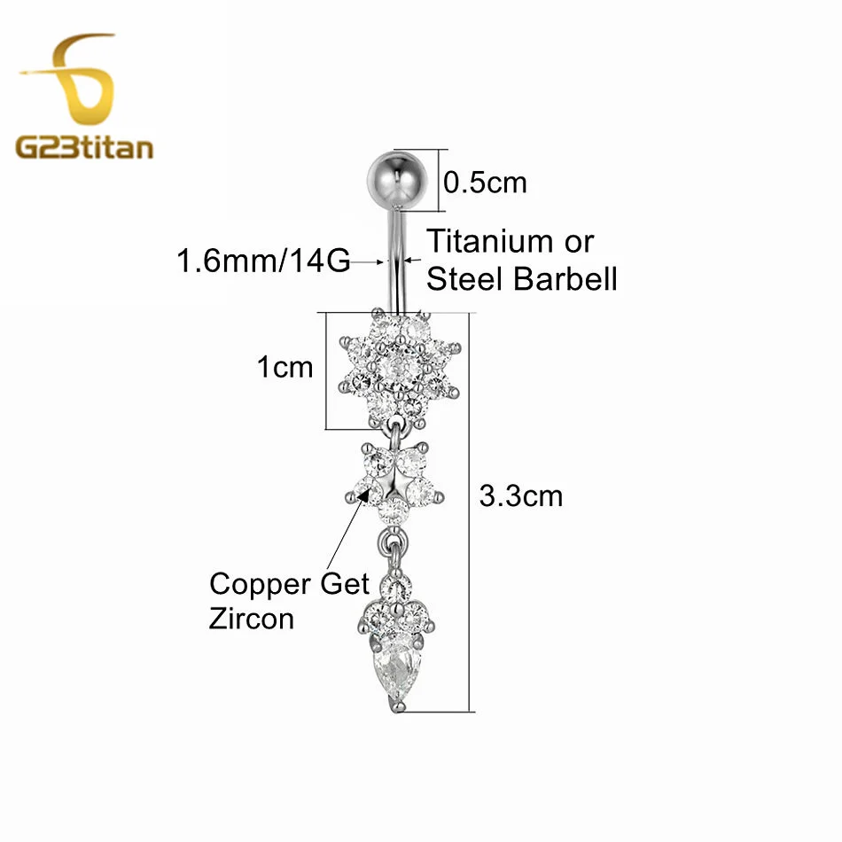 G23titan Crystal Navel Nail Ring 14G Titanium Barbell Drop Flower Dangle Body Piercing Belly Button Rings Men Women Body Jewelry