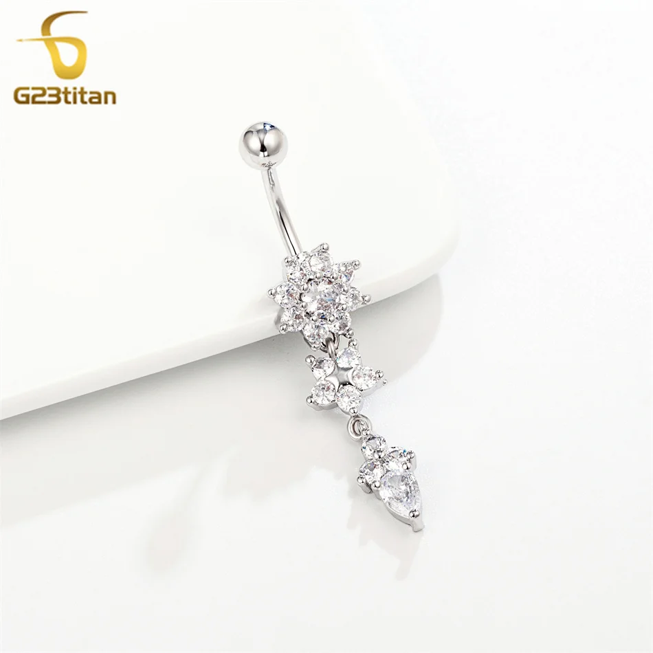G23titan Crystal Navel Nail Ring 14G Titanium Barbell Drop Flower Dangle Body Piercing Belly Button Rings Men Women Body Jewelry
