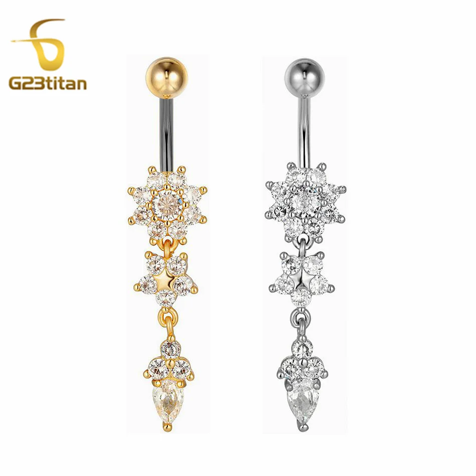 G23titan Crystal Navel Nail Ring 14G Titanium Barbell Drop Flower Dangle Body Piercing Belly Button Rings Men Women Body Jewelry