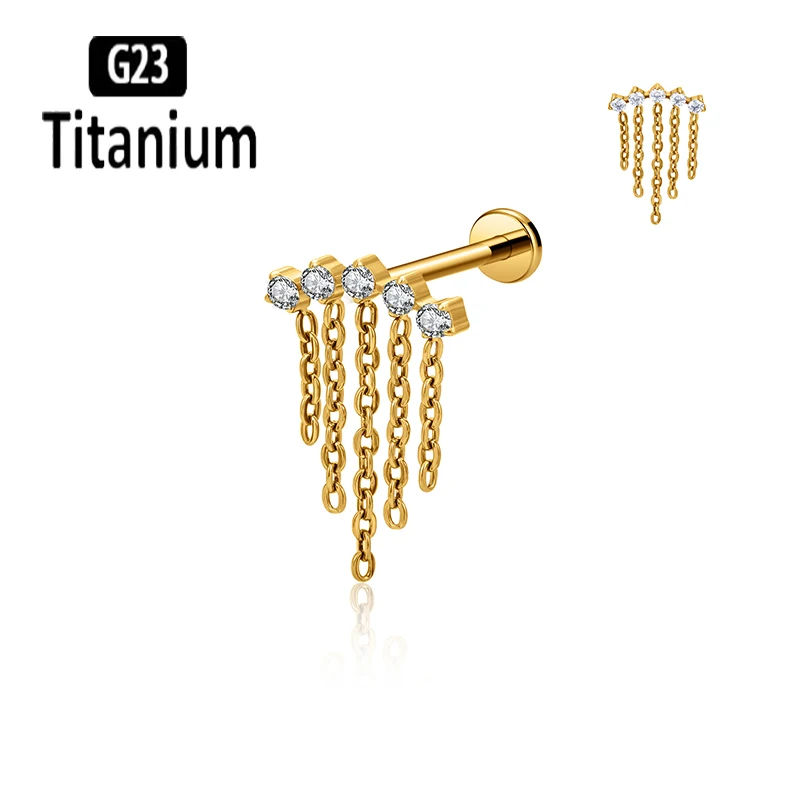 ASTM F136 Titanium Internally Thread Labret With Chain Ear Cartilage Tragus Helix Earrings Lip Studs Rings Body Piercing Jewelry