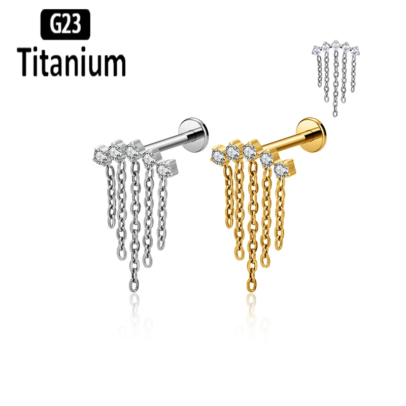 ASTM F136 Titanium Internally Thread Labret With Chain Ear Cartilage Tragus Helix Earrings Lip Studs Rings Body Piercing Jewelry