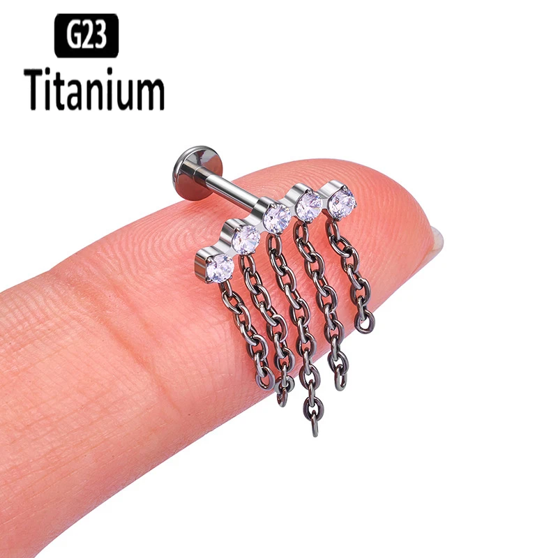 ASTM F136 Titanium Internally Thread Labret With Chain Ear Cartilage Tragus Helix Earrings Lip Studs Rings Body Piercing Jewelry