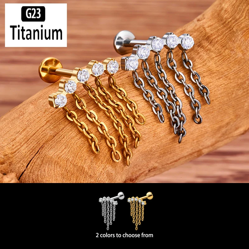 ASTM F136 Titanium Internally Thread Labret With Chain Ear Cartilage Tragus Helix Earrings Lip Studs Rings Body Piercing Jewelry