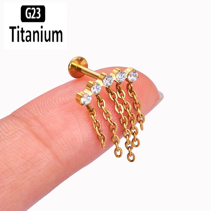 ASTM F136 Titanium Internally Thread Labret With Chain Ear Cartilage Tragus Helix Earrings Lip Studs Rings Body Piercing Jewelry