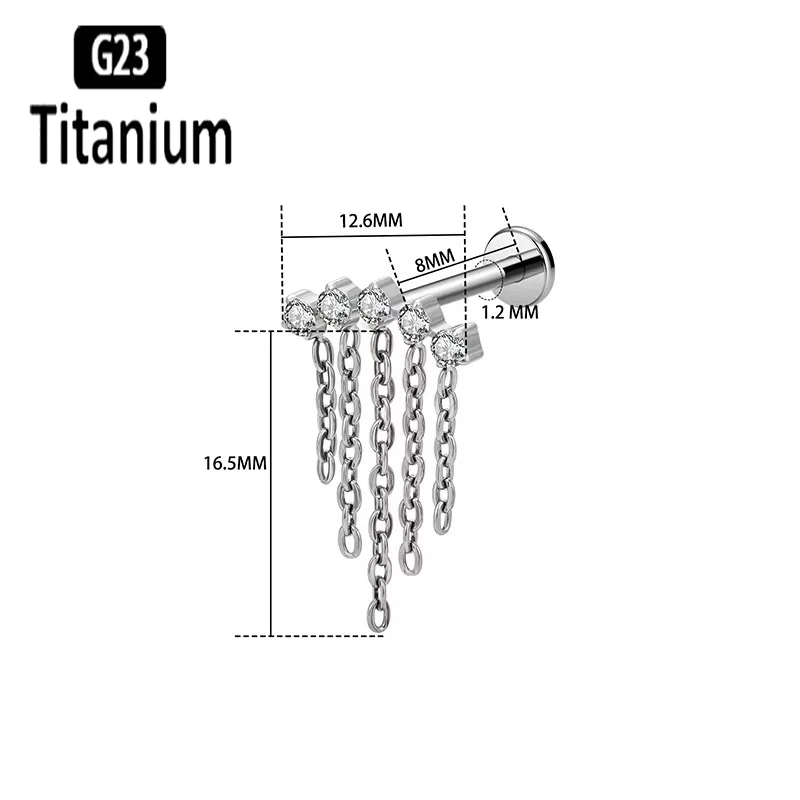 ASTM F136 Titanium Internally Thread Labret With Chain Ear Cartilage Tragus Helix Earrings Lip Studs Rings Body Piercing Jewelry