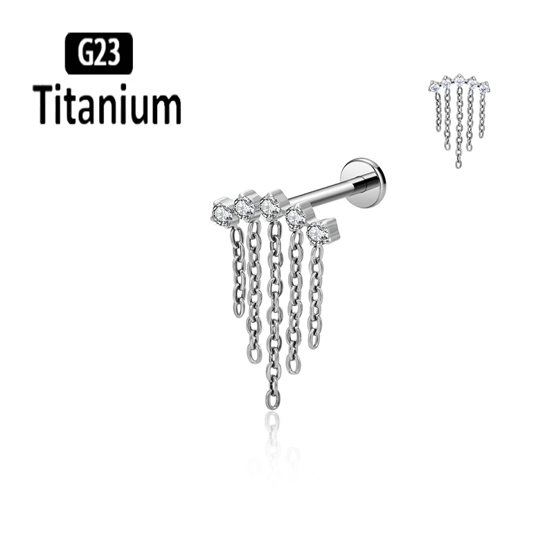 ASTM F136 Titanium Internally Thread Labret With Chain Ear Cartilage Tragus Helix Earrings Lip Studs Rings Body Piercing Jewelry