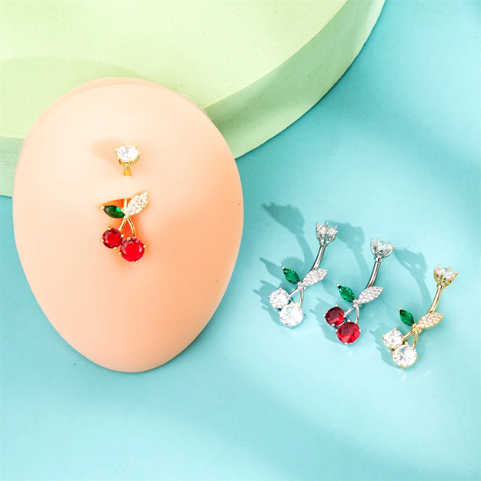 Cute Cherry Belly Button Ring Red Rhinestones Crystal Body Jewelry Custom Titanium Barbell Navel Piercing Sexy Shoppings Girls