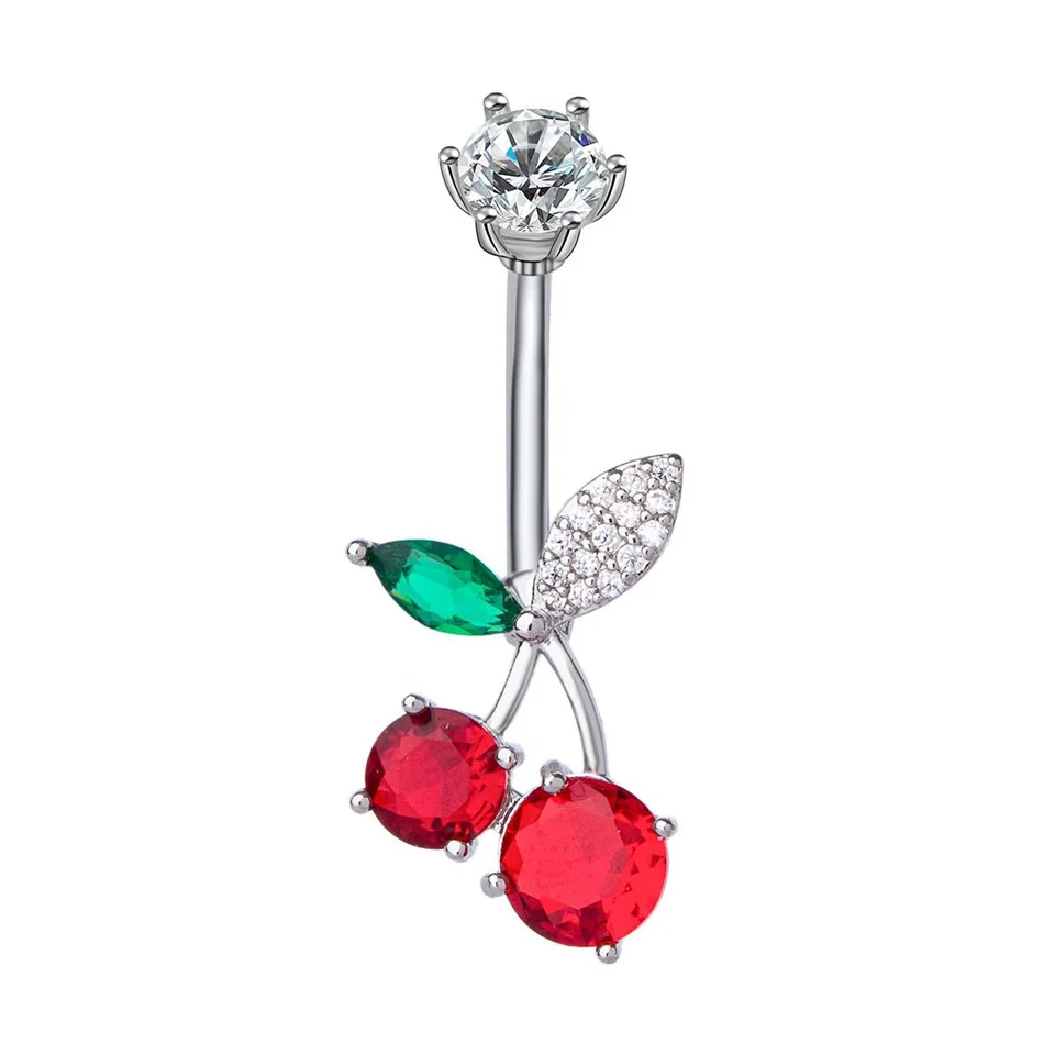 Cute Cherry Belly Button Ring Red Rhinestones Crystal Body Jewelry Custom Titanium Barbell Navel Piercing Sexy Shoppings Girls
