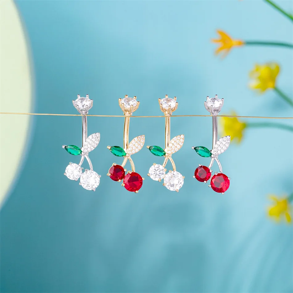Cute Cherry Belly Button Ring Red Rhinestones Crystal Body Jewelry Custom Titanium Barbell Navel Piercing Sexy Shoppings Girls