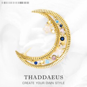 Colorful Moon Golden Brooch Brand New Fine Jewelry Romantic Gift For Women in Pure 925 Sterling Silver