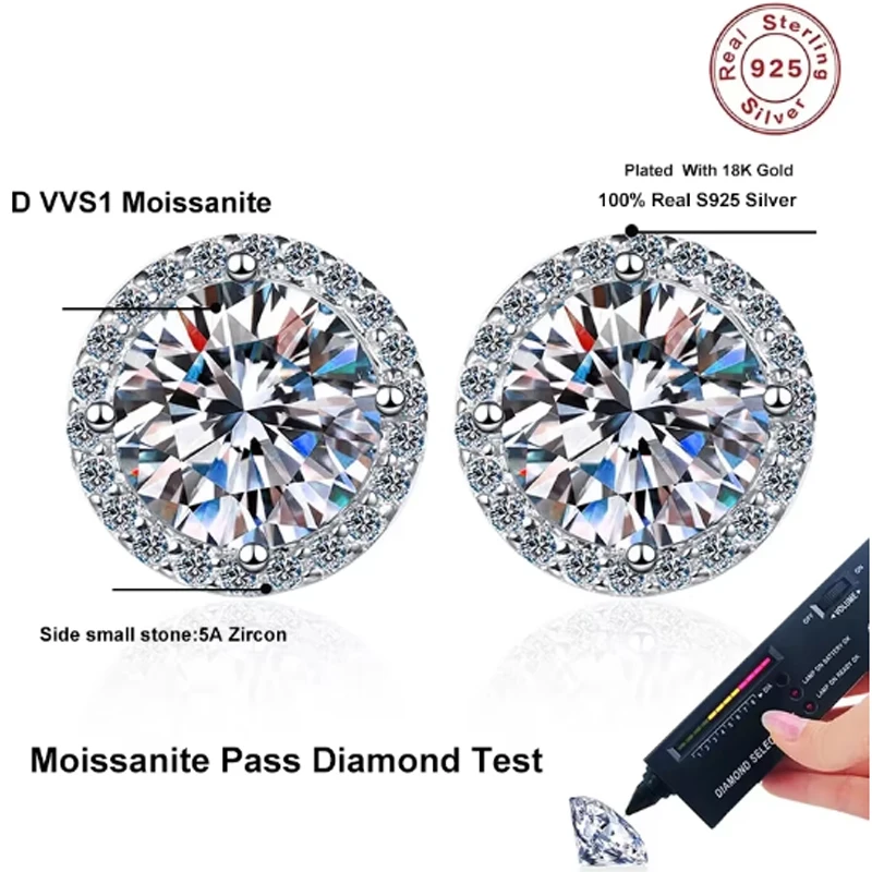 QMSHR Moissanite Stud Earrings for Women S925 Sterling Silver White Gold Plated Diamond Earring Ear Studs Wedding Fine Jewelry