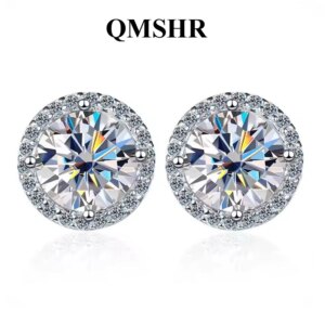 QMSHR Moissanite Stud Earrings for Women S925 Sterling Silver White Gold Plated Diamond Earring Ear Studs Wedding Fine Jewelry