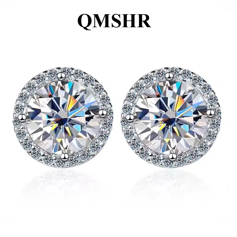 QMSHR Moissanite Stud Earrings for Women S925 Sterling Silver White Gold Plated Diamond Earring Ear Studs Wedding Fine Jewelry