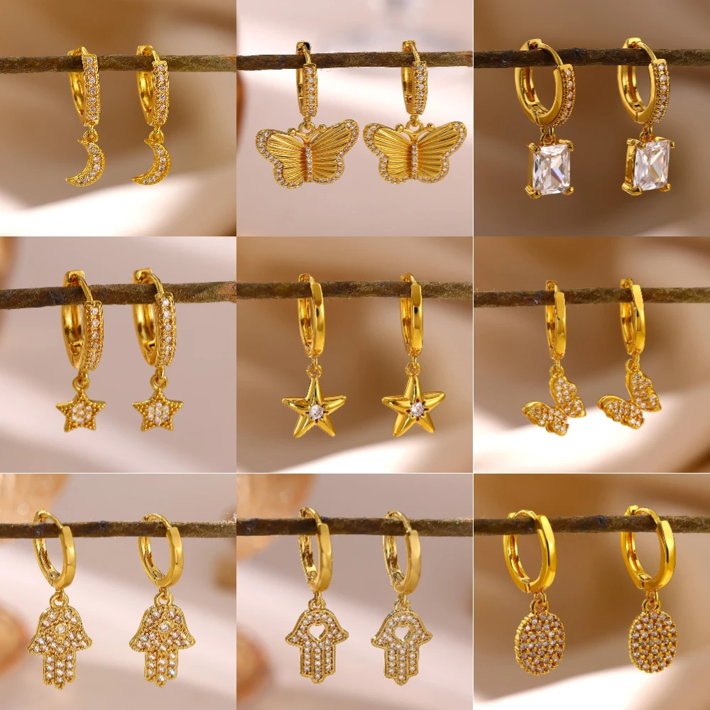 New Mini CZ Star Moon Butterfly Pendant Hoop Earrings For Women Elegant Fashion Geometry Tiny Hoops Earring Jewelry Party Gift