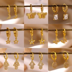 New Mini CZ Star Moon Butterfly Pendant Hoop Earrings For Women Elegant Fashion Geometry Tiny Hoops Earring Jewelry Party Gift