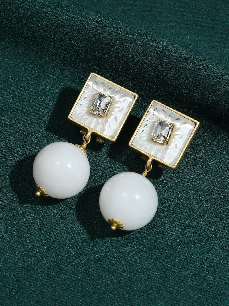 Vintage Square Transparent Crystal Drop Earring Pendent White Large Natural Stone Ball Retro Woman Jewelry For Anniversary Party