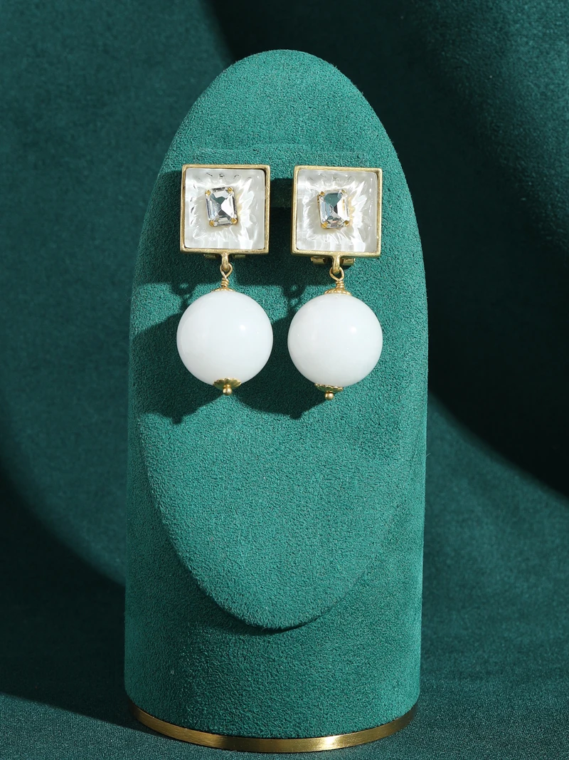 Vintage Square Transparent Crystal Drop Earring Pendent White Large Natural Stone Ball Retro Woman Jewelry For Anniversary Party
