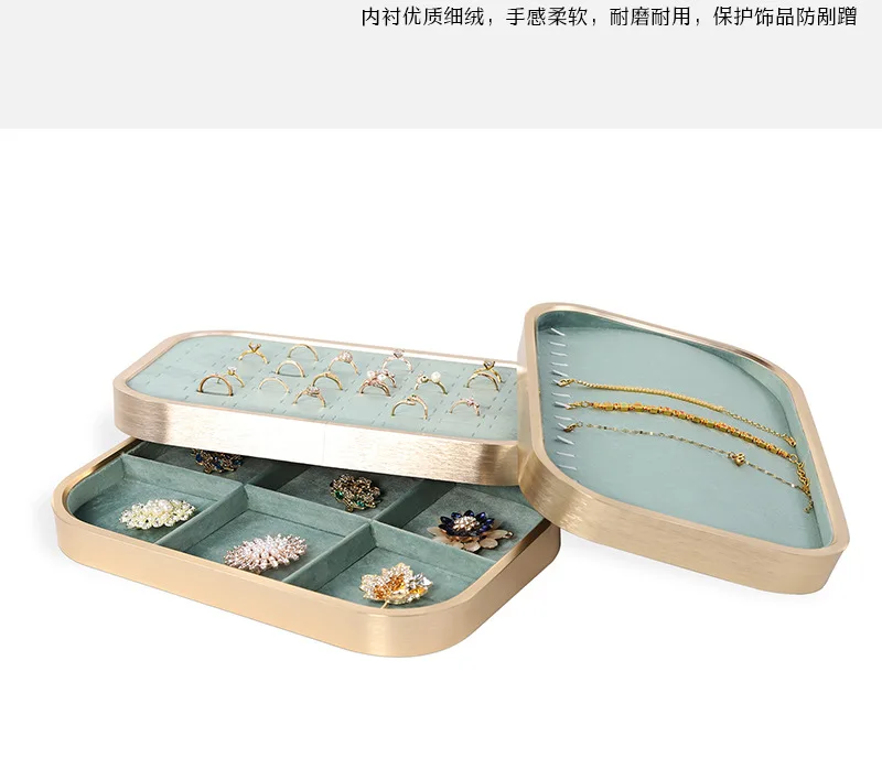 Metal-Edged Green Velvet Jewelry Tray, Multi-Purpose Organizer for Necklace Ring Pendant Bracelet, Boutique Showcase & Exhibitio