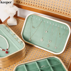 Metal-Edged Green Velvet Jewelry Tray, Multi-Purpose Organizer for Necklace Ring Pendant Bracelet, Boutique Showcase & Exhibitio