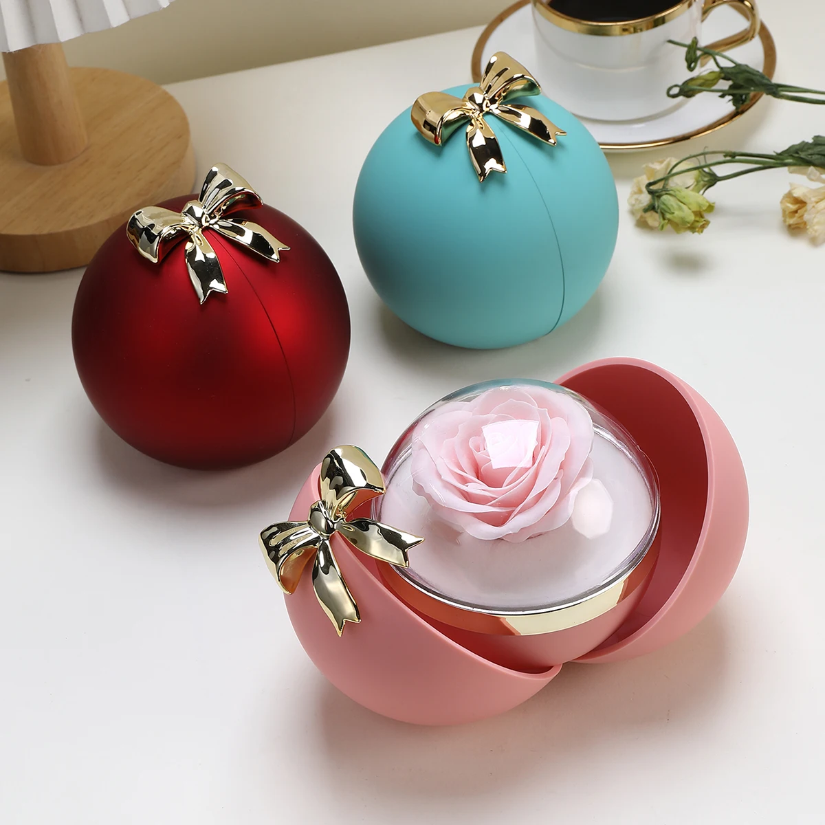Round Bow Preserved Eternal Rose Gift Box Necklace Ring Pendant Jewelry Storage Box Valentine's Day Engagement Propo