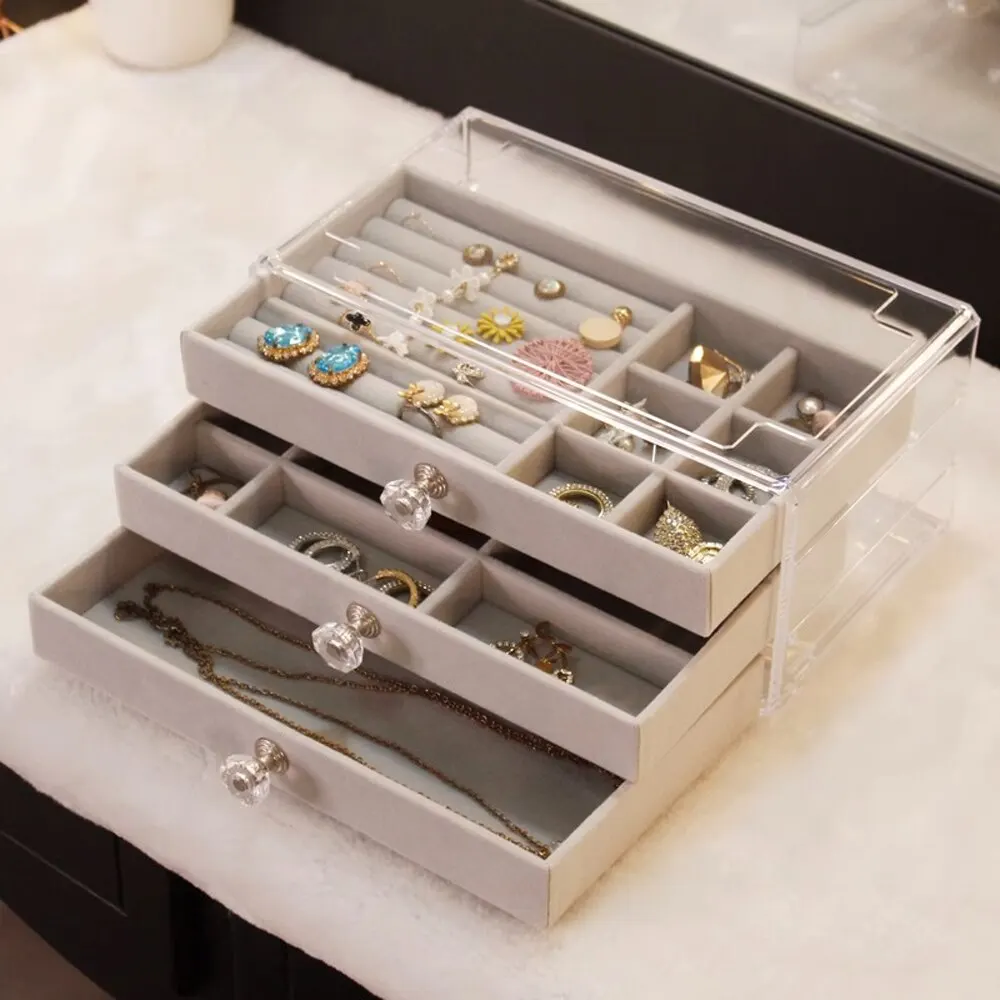 High-Capacity Flannel Jewelry Box Drawer (3-Layer) – Perfect for Storing Earrings, Necklaces & Rings