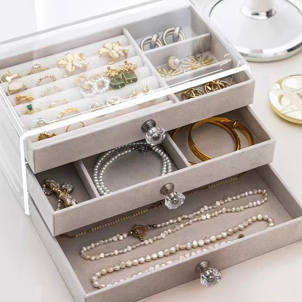 High-Capacity Flannel Jewelry Box Drawer (3-Layer) – Perfect for Storing Earrings, Necklaces & Rings