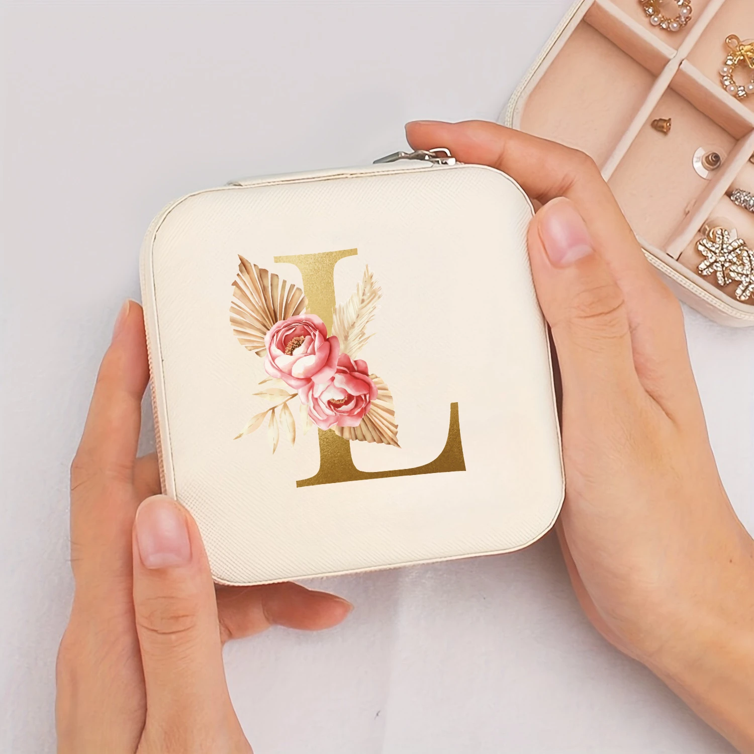 A-Z Alphabet Print Beige Jewelry Box, Elegant Travel Jewelry Case with Zipper Closure, Ideal for Bridesmaid Gifts | Jewelry Box