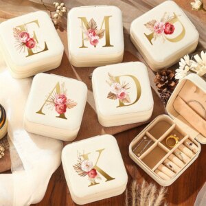 A-Z Alphabet Print Beige Jewelry Box, Elegant Travel Jewelry Case with Zipper Closure, Ideal for Bridesmaid Gifts | Jewelry Box