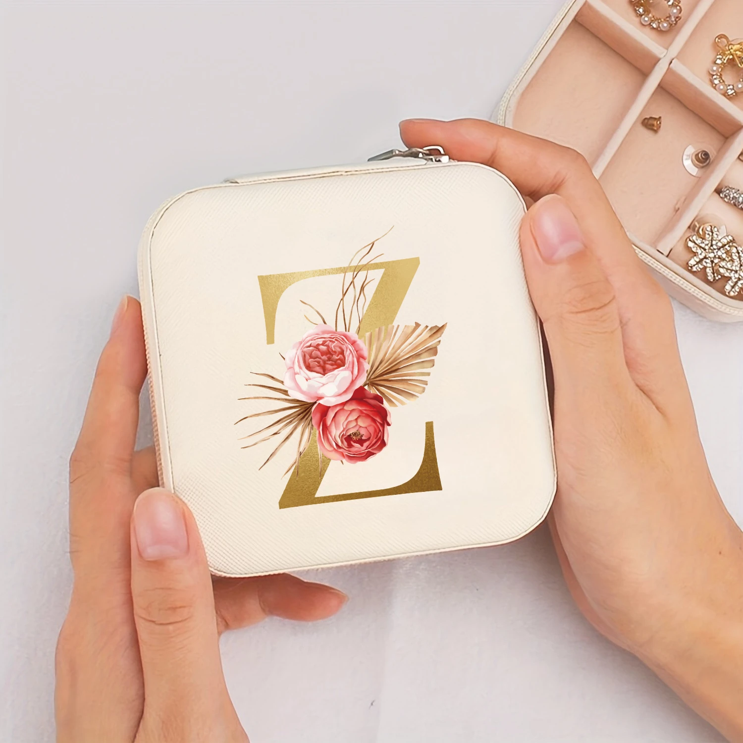 A-Z Alphabet Print Beige Jewelry Box, Elegant Travel Jewelry Case with Zipper Closure, Ideal for Bridesmaid Gifts | Jewelry Box