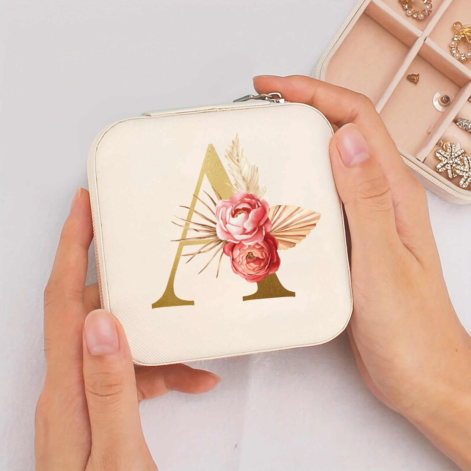 A-Z Alphabet Print Beige Jewelry Box, Elegant Travel Jewelry Case with Zipper Closure, Ideal for Bridesmaid Gifts | Jewelry Box