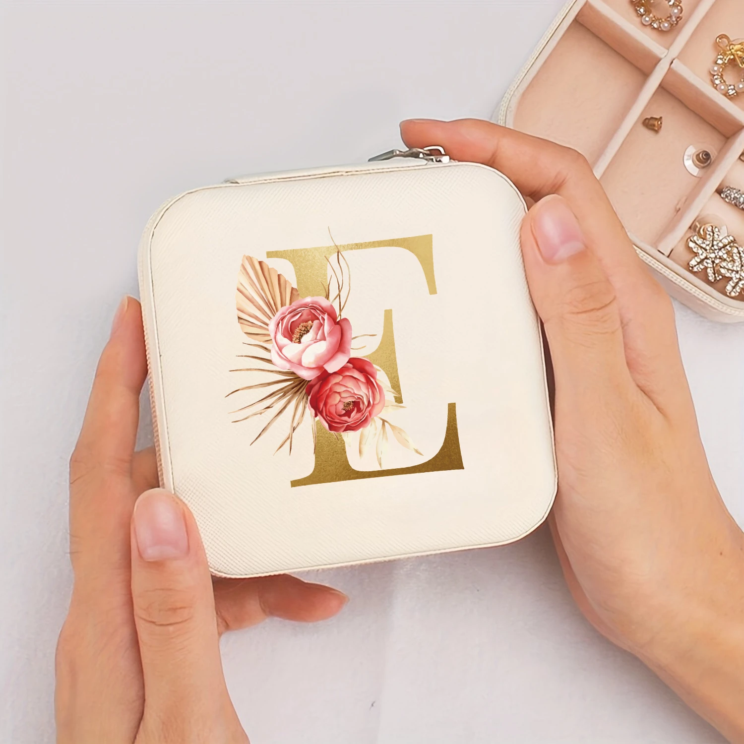 A-Z Alphabet Print Beige Jewelry Box, Elegant Travel Jewelry Case with Zipper Closure, Ideal for Bridesmaid Gifts | Jewelry Box