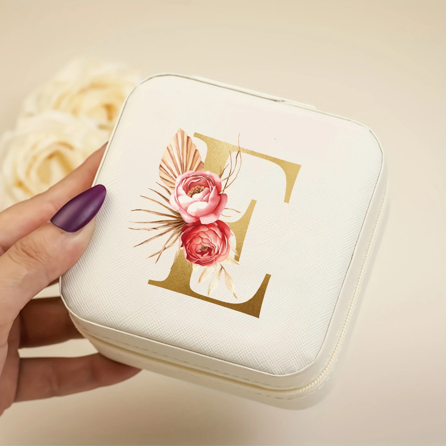 A-Z Alphabet Print Beige Jewelry Box, Elegant Travel Jewelry Case with Zipper Closure, Ideal for Bridesmaid Gifts | Jewelry Box