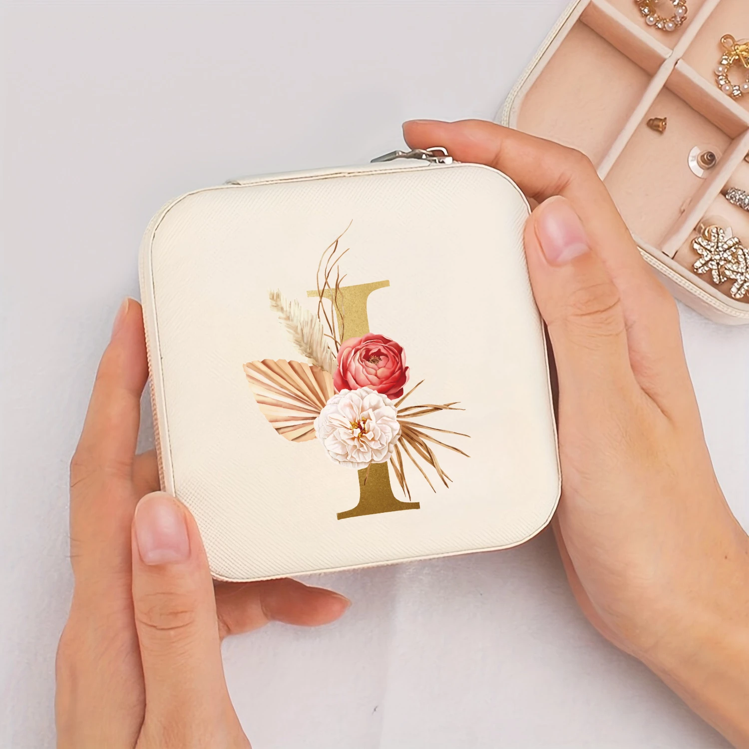 A-Z Alphabet Print Beige Jewelry Box, Elegant Travel Jewelry Case with Zipper Closure, Ideal for Bridesmaid Gifts | Jewelry Box