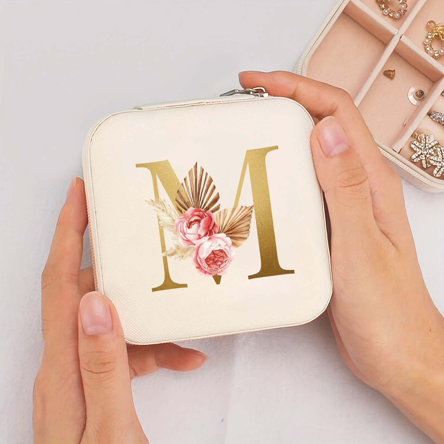 A-Z Alphabet Print Beige Jewelry Box, Elegant Travel Jewelry Case with Zipper Closure, Ideal for Bridesmaid Gifts | Jewelry Box